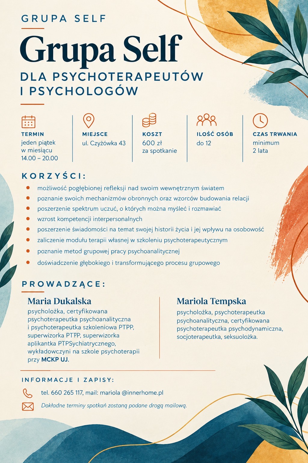 Plakat grupy SELF dla psychoterapeutów i psychologów